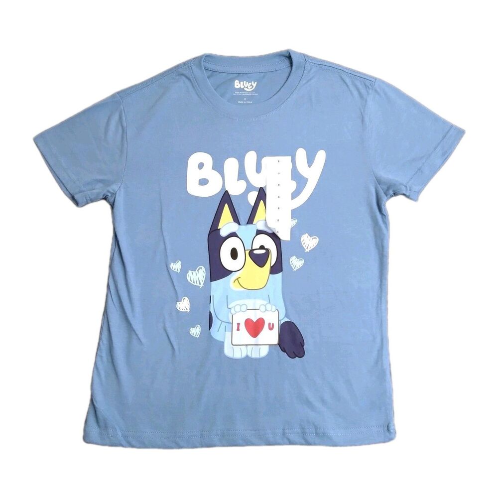 Bluey T Shirt Size 8 BBC Cartoon Dog Puppy Heart Love Card Boy Girls Top School